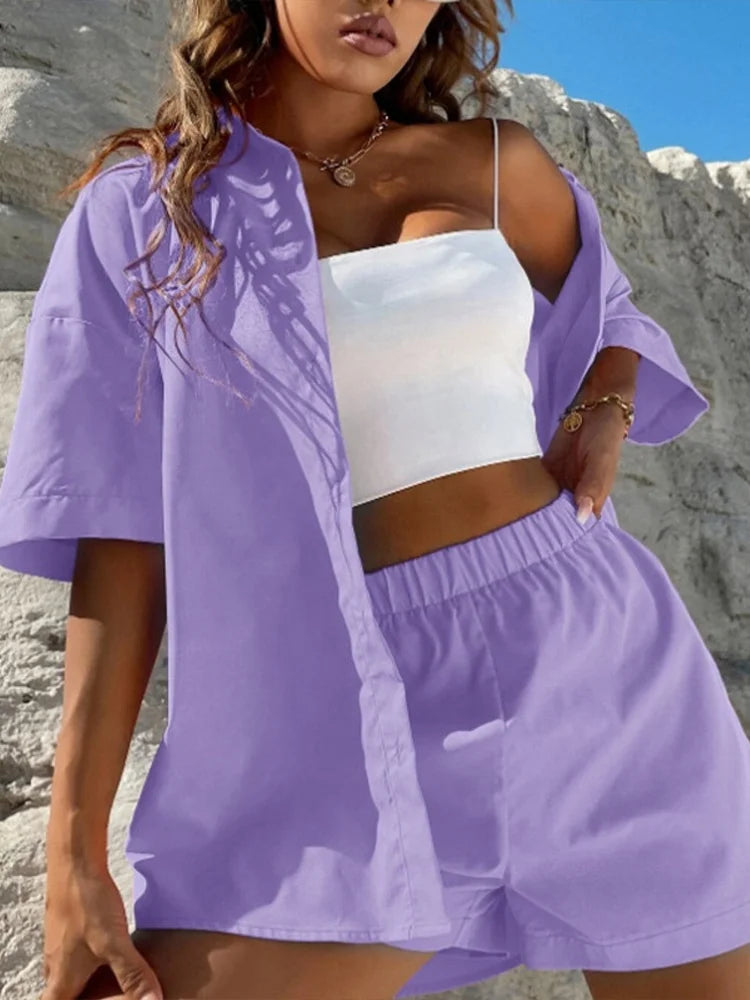 Women Cotton Linen Solid Suit Solid Color Short Sleeve Shirts and Shorts Casual Sports Outfits