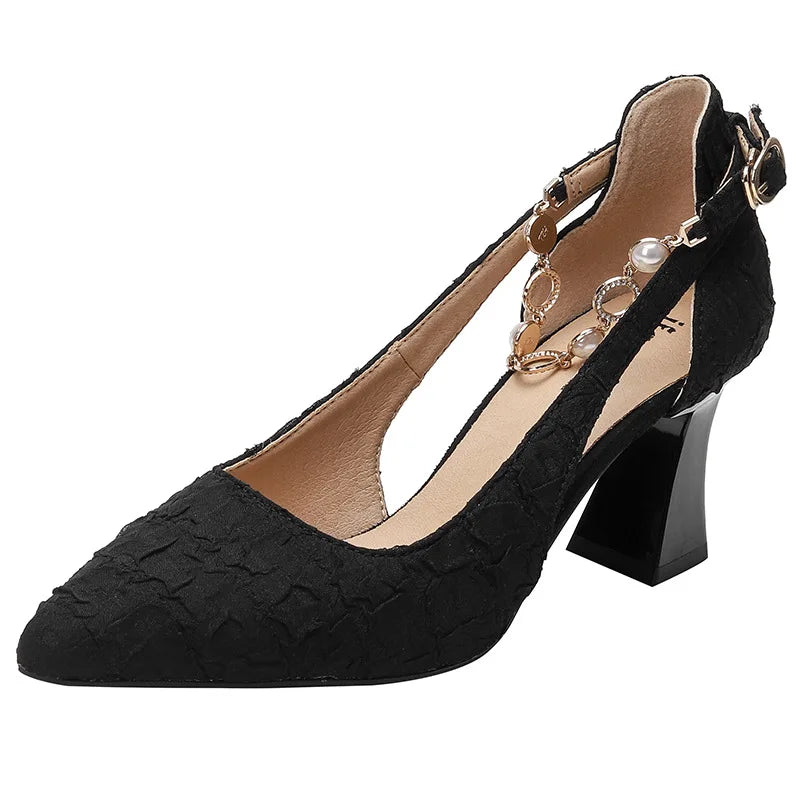 Fashion Women's High Heel Sandals Mature Ladies Thick Heel Pointy Toe Shoes Pearls Chain Casual Shoes for Woman Dressy Sandals