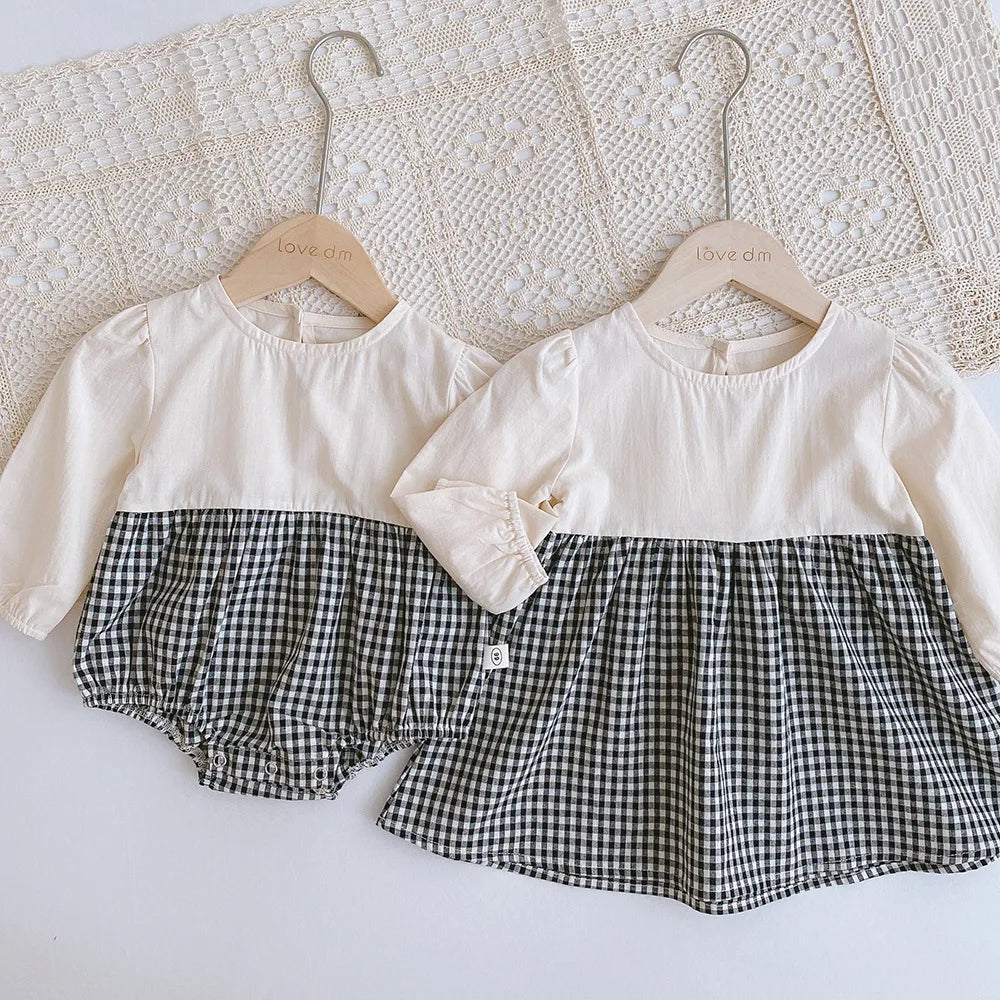 2026 Autumn Baby Clothes 2pcs Set Siblings Clothes Infant Girls Bodysuit Big Sisters Dress Toddler Suit