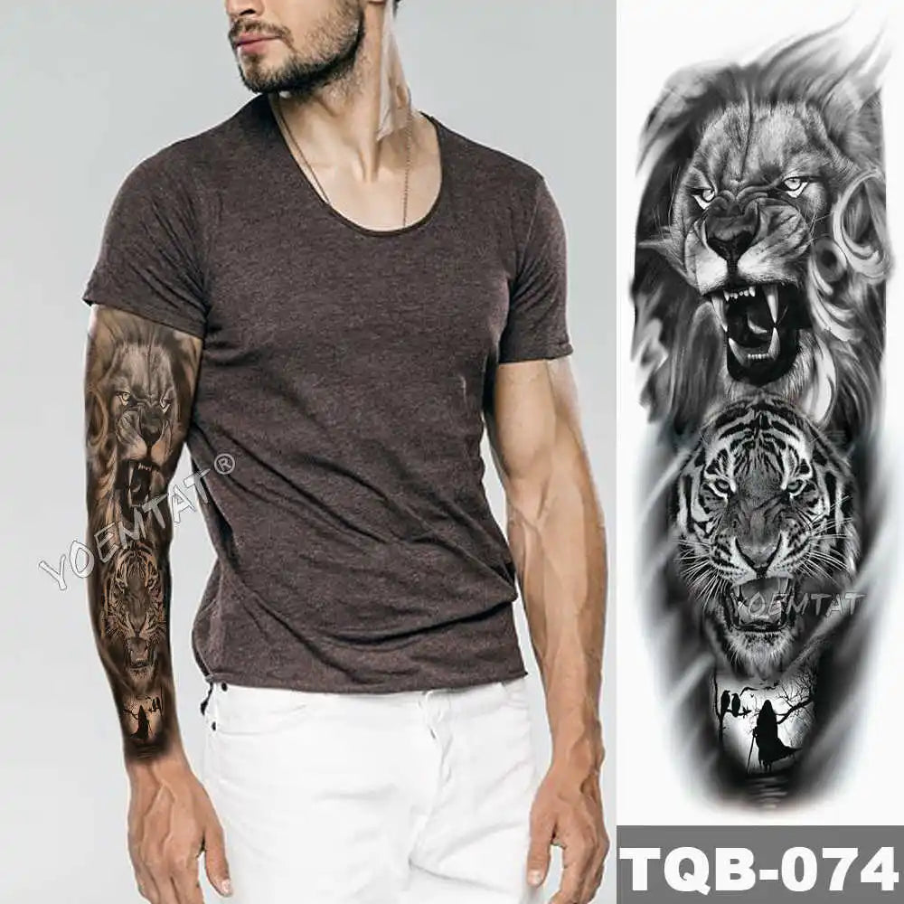 Large Arm Sleeve Tattoo Forest Angel Wolf Lion Waterproof Temporary Tatto Sticker Crown Skull Body Art Full Fake Tatoo Women Men