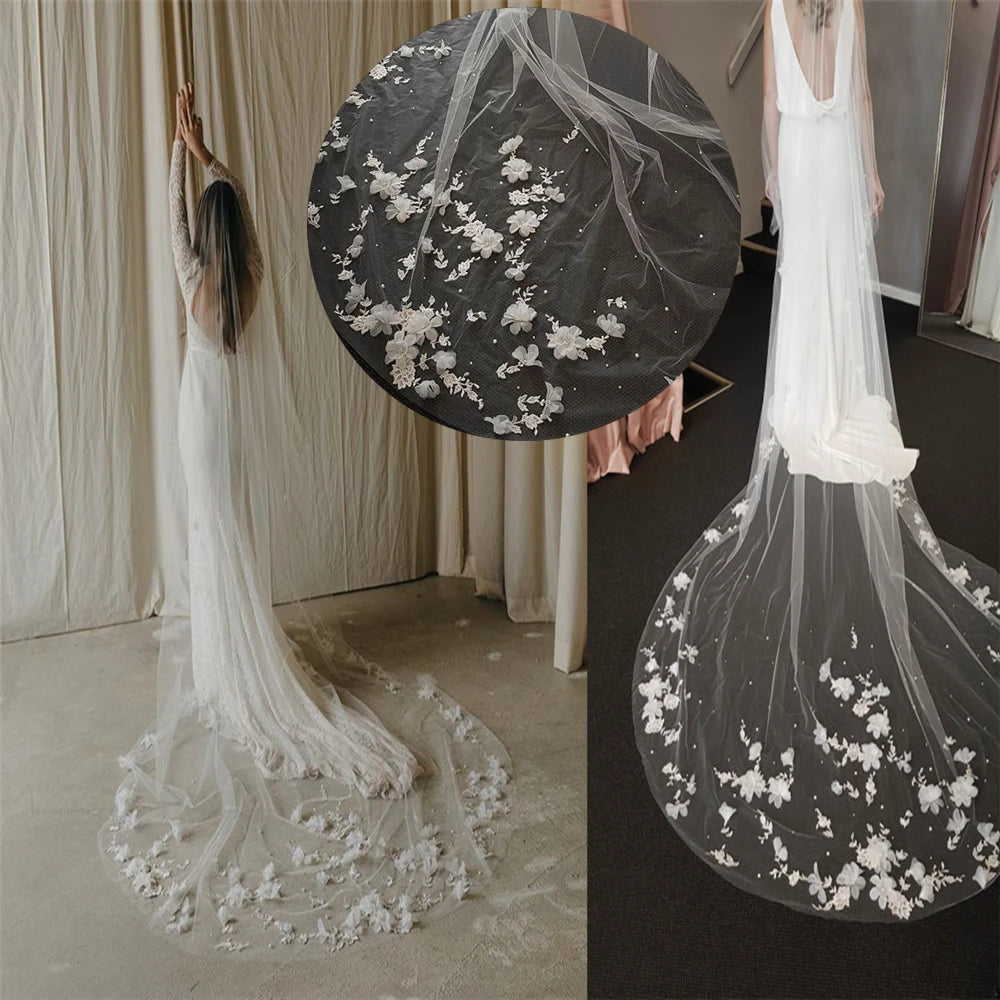 TOPQUEEN V52 3D Flowers Wedding Veil with Pearls  Bridal Veils Long Train Bridal Shower Veu Of Bride 3 Meter  Veu de Noiva