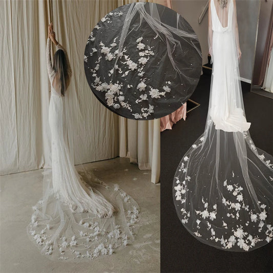 TOPQUEEN V52 3D Flowers Wedding Veil with Pearls  Bridal Veils Long Train Bridal Shower Veu Of Bride 3 Meter  Veu de Noiva