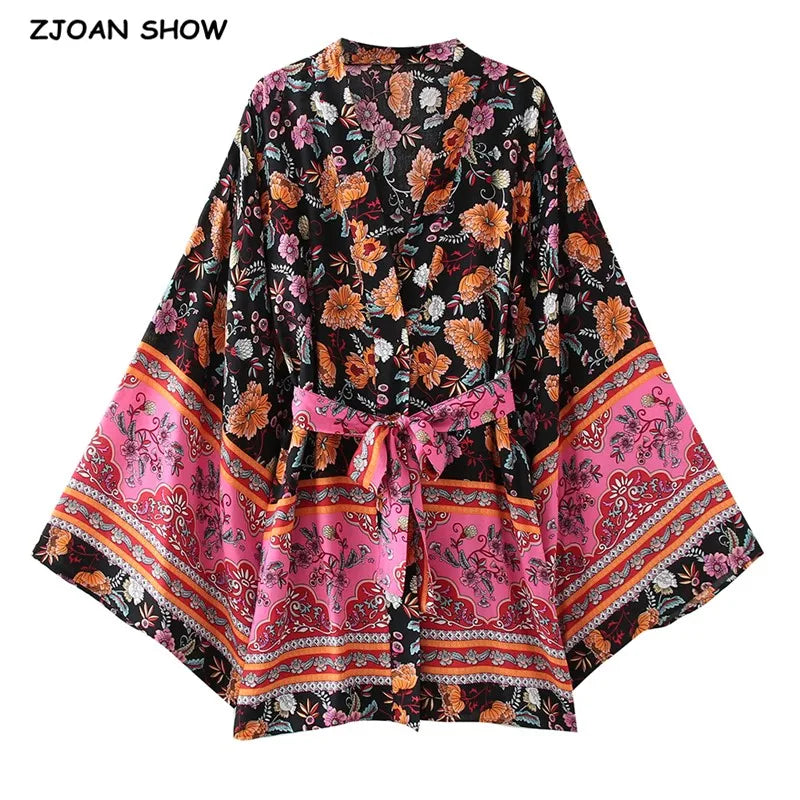 BOHO Women Blue With Pink Flower Print Kimono Shirt Holiday Tide Bow Sashes Mid Long Cardigan Summer Blouse Beach Cape