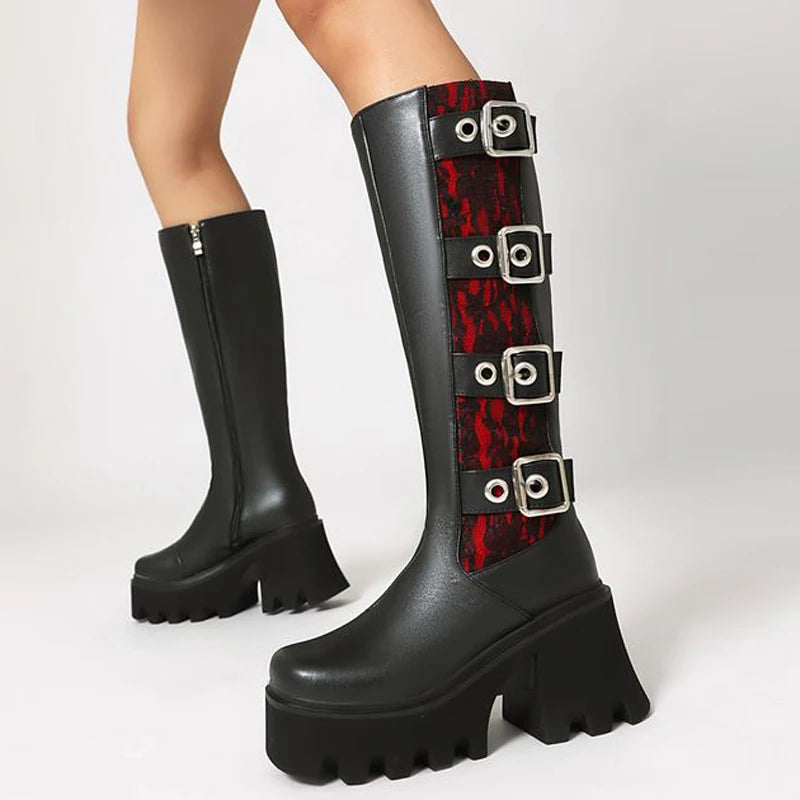 Metal Buckles Chunky Heels Women Knee High Boots Thick Sole Square Toe Long Booties Side Zipper Platform Lace Patchwork Shoes