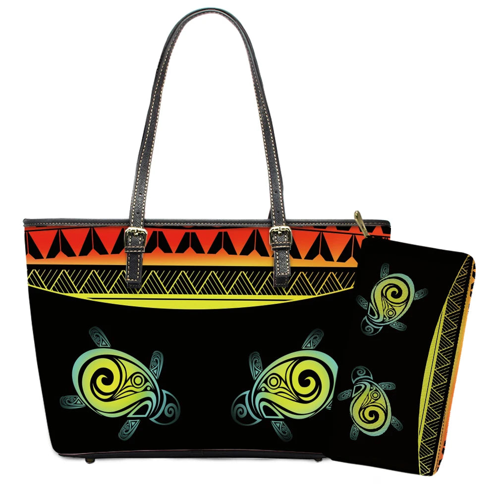 Elegant Polynesian Tribal Hawaii Tropical Leather Purses with Zipper Wallet Luxury Ladies Tote Bag Custom Women's Shoulder Bag