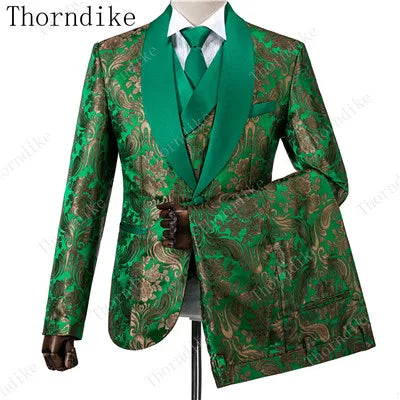 2023 Blazer+Pants+Vest Suits Male Casual Slim Blazer Coat Suit New Man Fashion Green Jacquard Eye-catching High Quality Party
