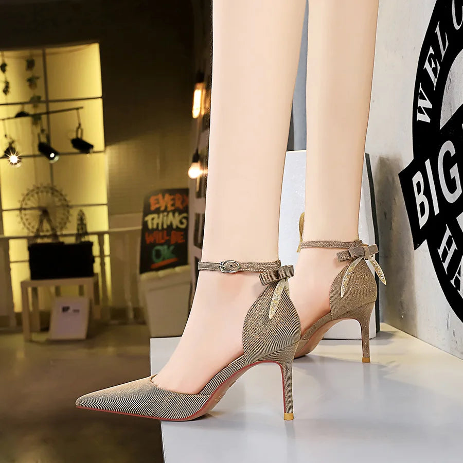 286-2 High Quality Trendy High Heeled Shoes for Women Shallow Pointed Toe Hollow Out Back Bow Ladies Heeled Sandals