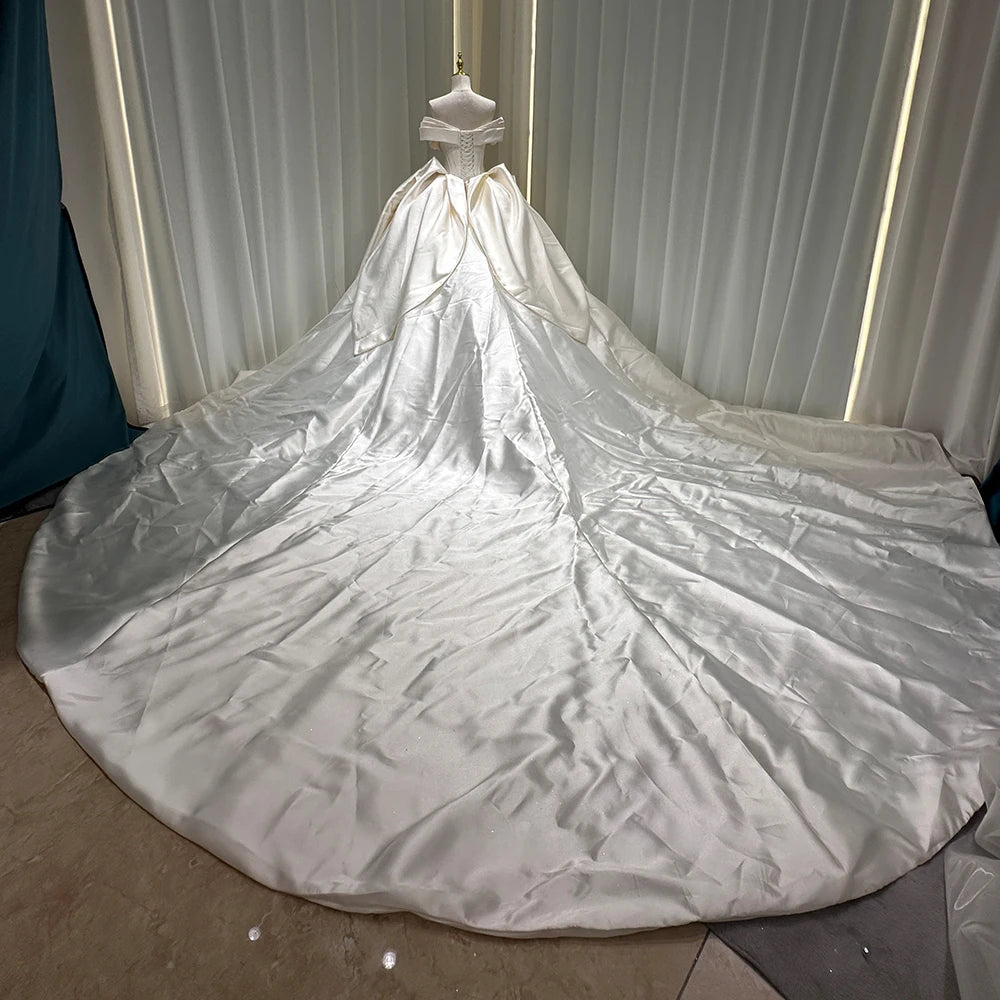 Custom Made Off Shoulder Satin Layered Cathedral Train Pearl Wedding Dress Xs040