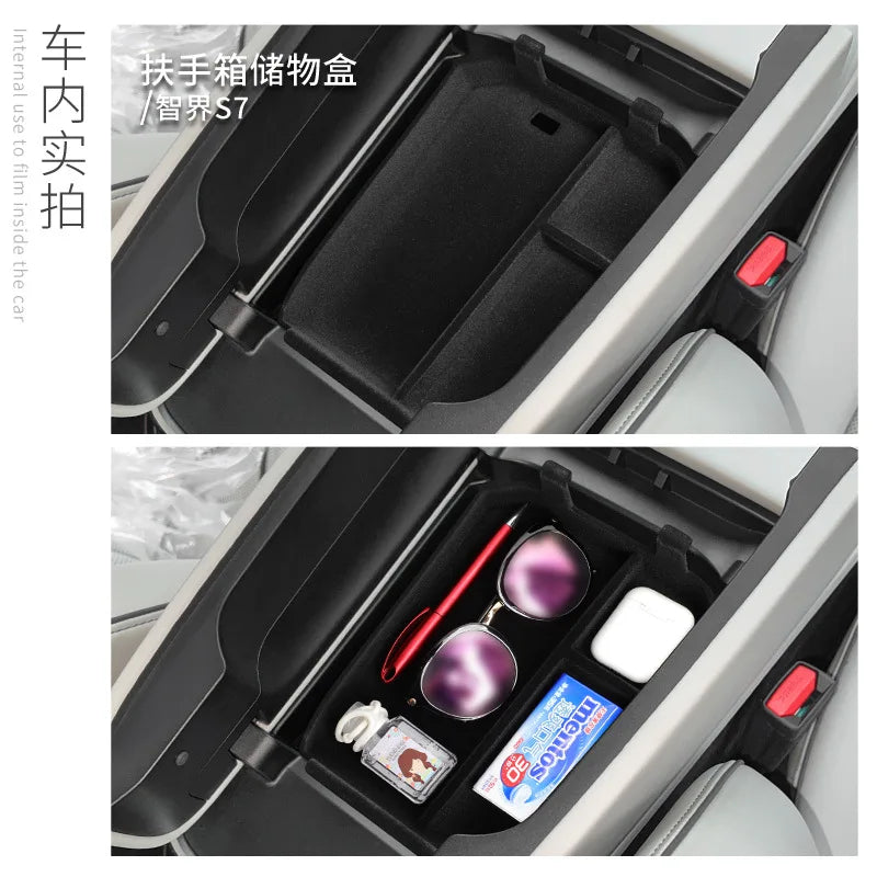 For LUXEED S7 2024-2025 Compatible Center Console Organizer Tray Armrest Storage Box ABS+PVC Waterproof Interior Accessories