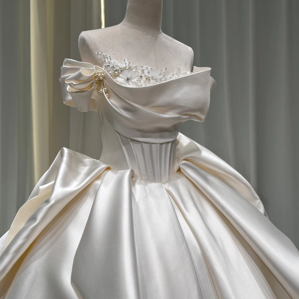Custom Made Off Shoulder Satin Layered Cathedral Train Pearl Wedding Dress Xs040
