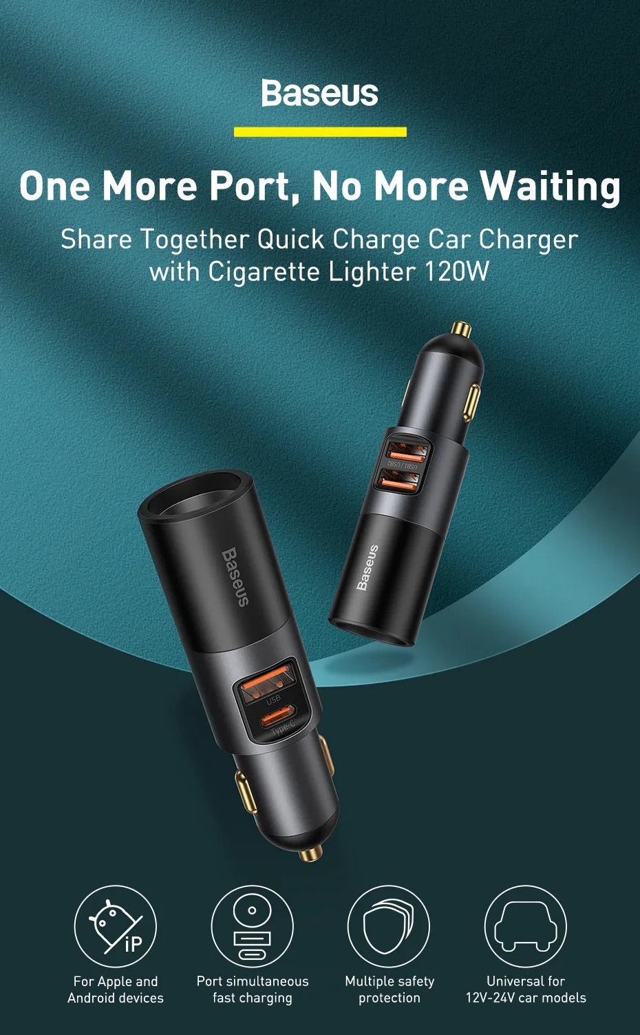 Baseus 120W Car Phone Charger Quick Charge QC 4.0 3.0 Dual USB Type C Expand Charger Adapter For iPhone Xiaomi Samsung Huawei