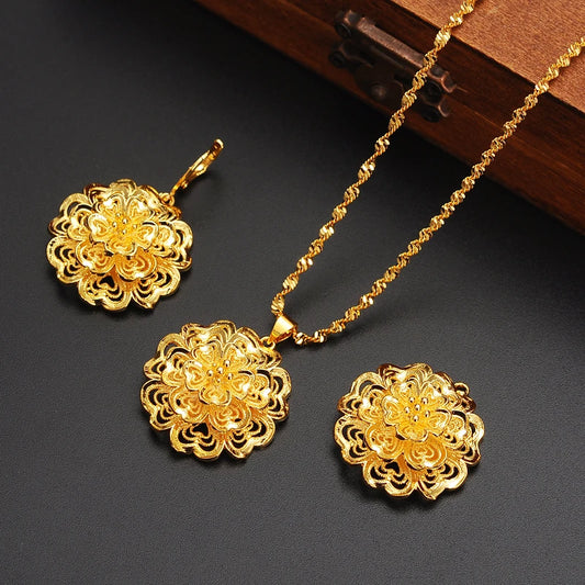 New Top Selling Arab Africa Flower Jewelry Set Women Girls Pendant Necklace Earrings Wedding Bridal Party Gifts