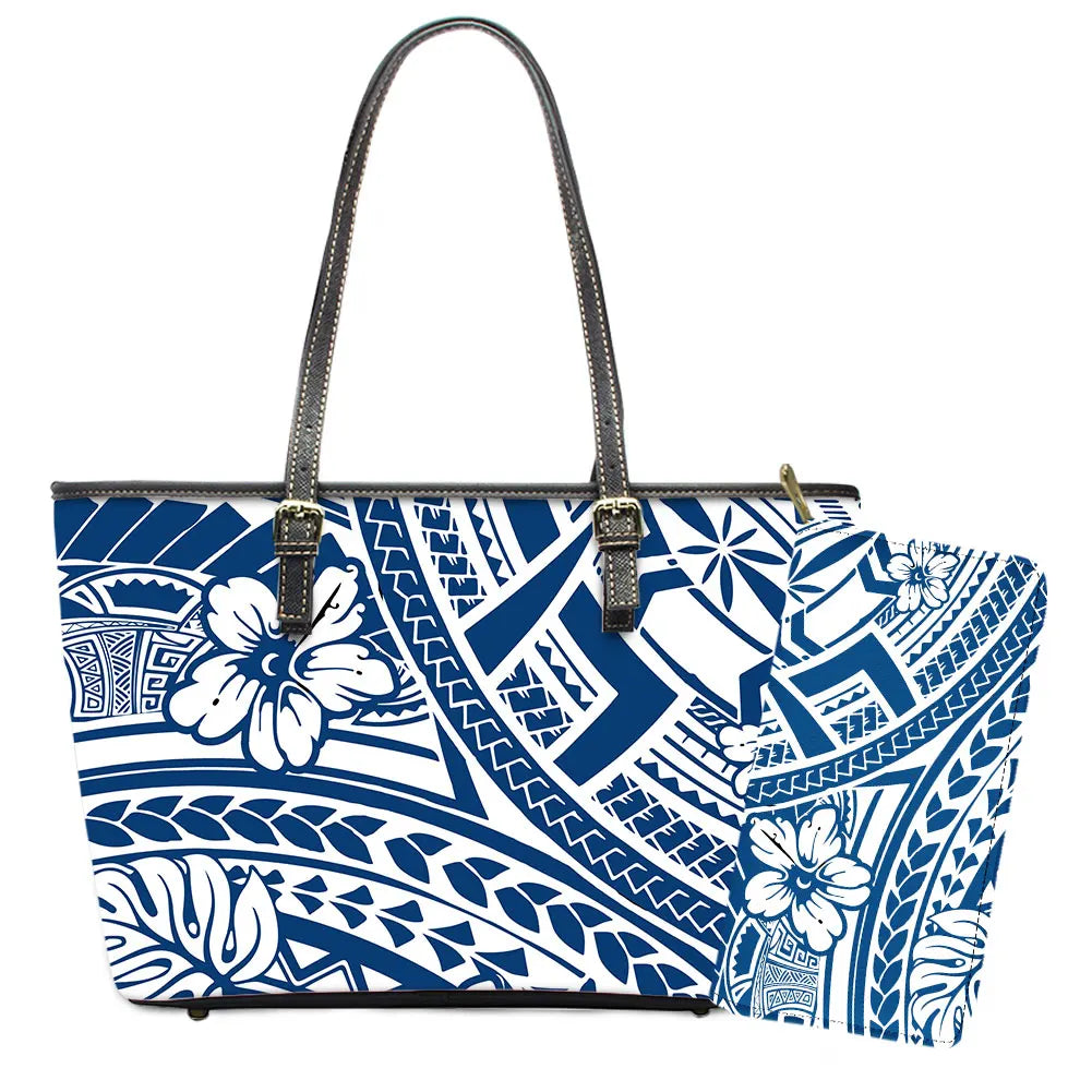 Elegant Polynesian Tribal Hawaii Tropical Leather Purses with Zipper Wallet Luxury Ladies Tote Bag Custom Women's Shoulder Bag