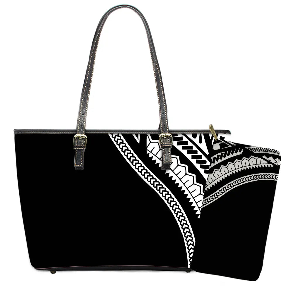 Elegant Polynesian Tribal Hawaii Tropical Leather Purses with Zipper Wallet Luxury Ladies Tote Bag Custom Women's Shoulder Bag