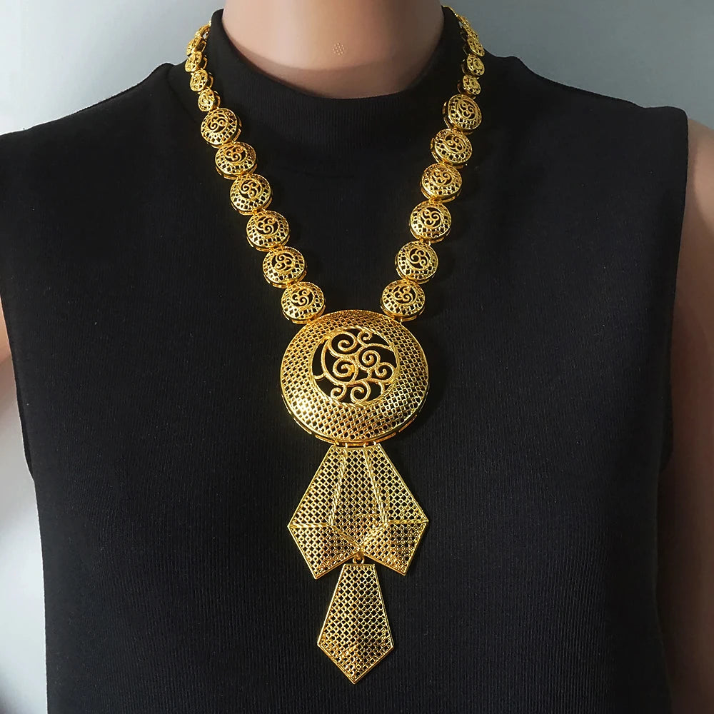 African Gold Color Long Necklace/Earrings/Ring Big Jewelry Set Women Arab Jewelry Wedding Accessories