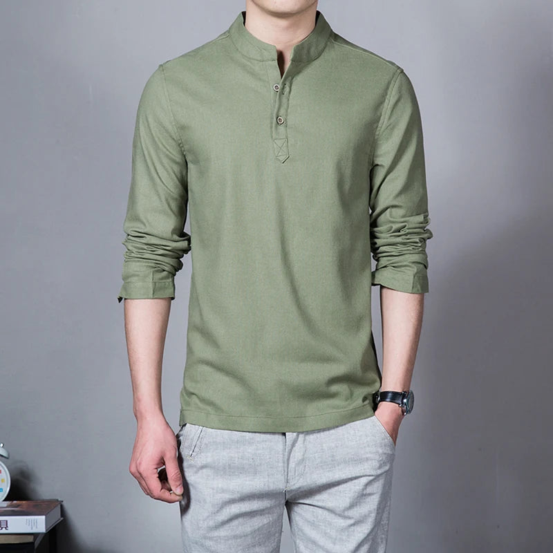 Men's Clothing  Men Spring Tops & Tees Male Fashion T-Shirts Stand Collar Long-sleeved Slim Base Shirt Homme Linen t-shirt