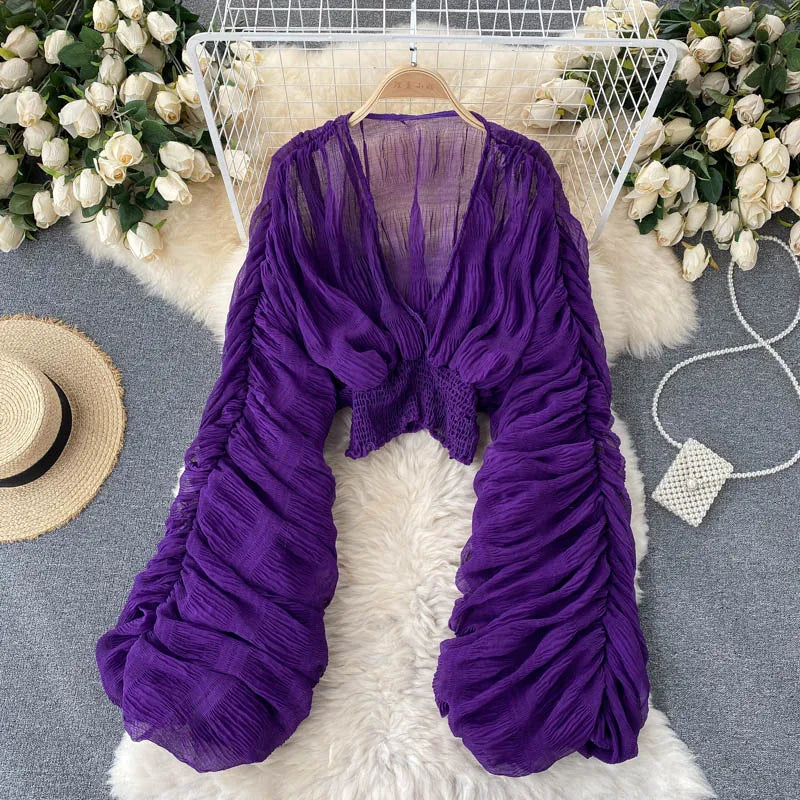 Summer Sexy Draped Chiffon Blouse For Women Elegant V-Neck Puff Long Sleeve Short Tops Female Slim Party Shirts 2022 New Fashion