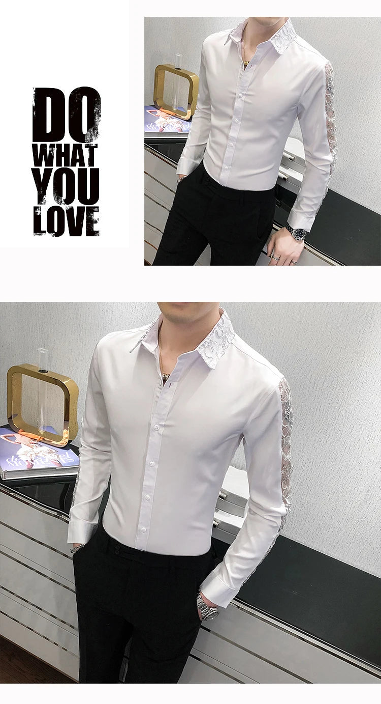 Chemise Homme Fashion Sexy Lace Long Sleeve Elegant Shirts For Men Clothing Slim Fit Casual Men's Social Shirt Tuxedo Big Size