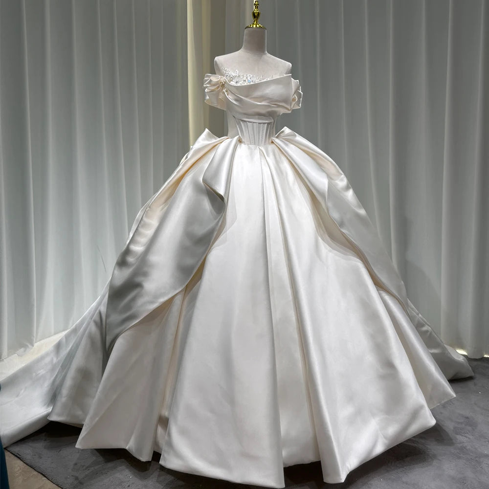 Custom Made Off Shoulder Satin Layered Cathedral Train Pearl Wedding Dress Xs040