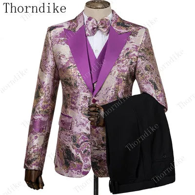 2023 Blazer+Pants+Vest Suits Male Casual Slim Blazer Coat Suit New Man Fashion Green Jacquard Eye-catching High Quality Party