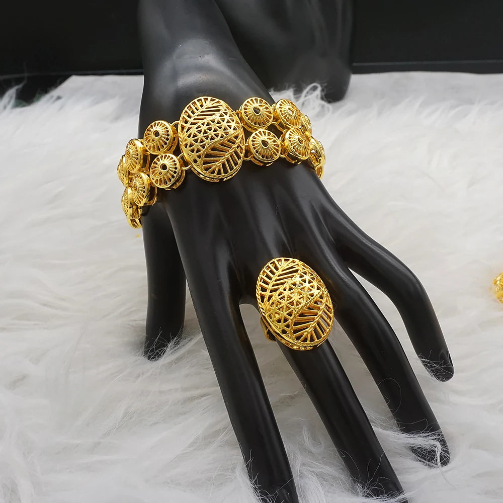 African Gold Color Long Necklace/Earrings/Ring Big Jewelry Set Women Arab Jewelry Wedding Accessories