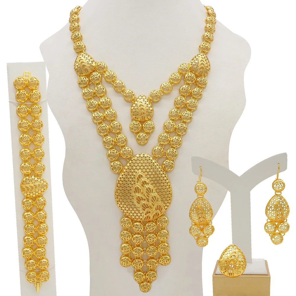 African Gold Color Long Necklace/Earrings/Ring Big Jewelry Set Women Arab Jewelry Wedding Accessories