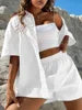 Women Cotton Linen Solid Suit Solid Color Short Sleeve Shirts and Shorts Casual Sports Outfits