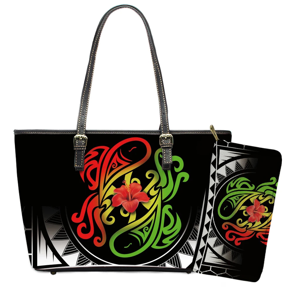 Elegant Polynesian Tribal Hawaii Tropical Leather Purses with Zipper Wallet Luxury Ladies Tote Bag Custom Women's Shoulder Bag
