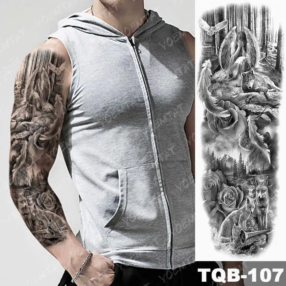 Large Arm Sleeve Tattoo Forest Angel Wolf Lion Waterproof Temporary Tatto Sticker Crown Skull Body Art Full Fake Tatoo Women Men