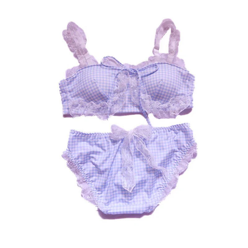 Girl Sweet Cute Wire Free Comfortable Bra Set Animie Lolita Women Underwear Suit Sexy Lace Plaid Kawaii Bra and Panty Set