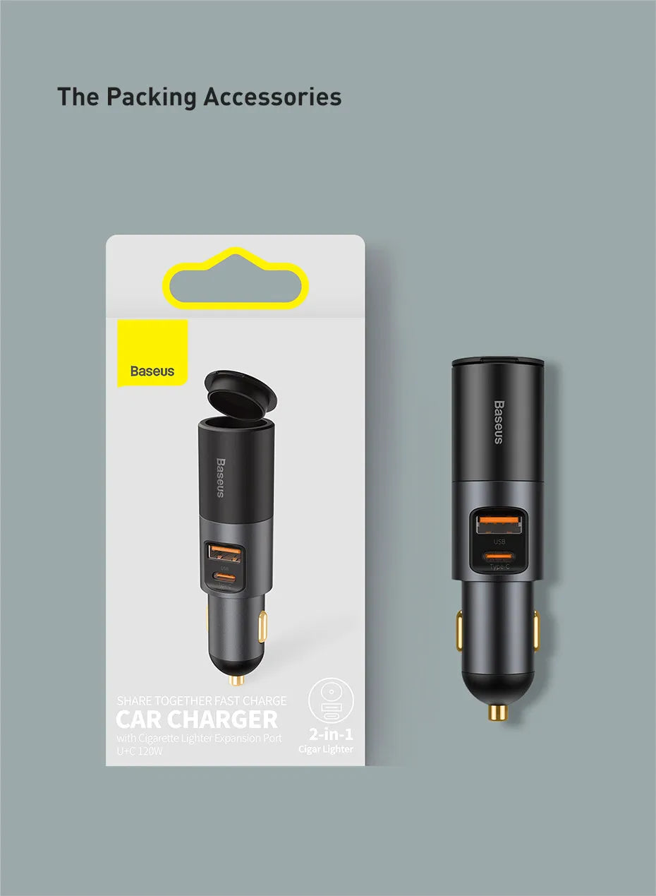 Baseus 120W Car Phone Charger Quick Charge QC 4.0 3.0 Dual USB Type C Expand Charger Adapter For iPhone Xiaomi Samsung Huawei