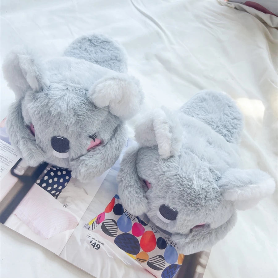 Cartoon Slippers Cute Koala Shape Home Cotton Shoes Woman Girl Warm Winter Indoor Shoes Flat Casual  Floor Non-slip Pink Grey
