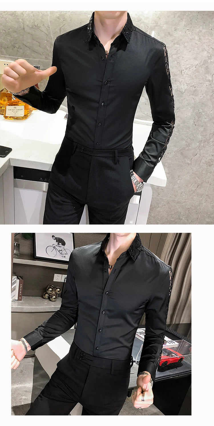 Chemise Homme Fashion Sexy Lace Long Sleeve Elegant Shirts For Men Clothing Slim Fit Casual Men's Social Shirt Tuxedo Big Size