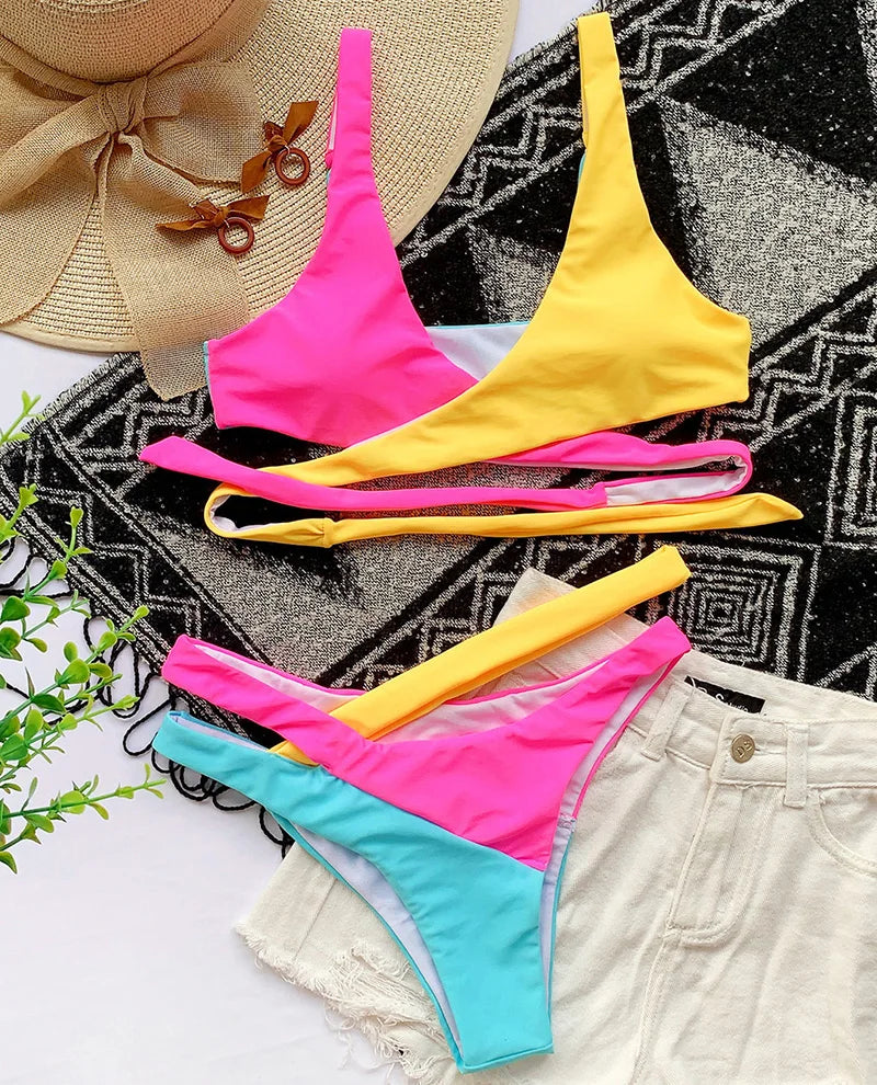 Sexy Splicing Cross Bandage Thong Bikini Female Swimsuit Women Swimwear Two Pieces Bikini Set Bathing Suit Swim Beach Wear Lady