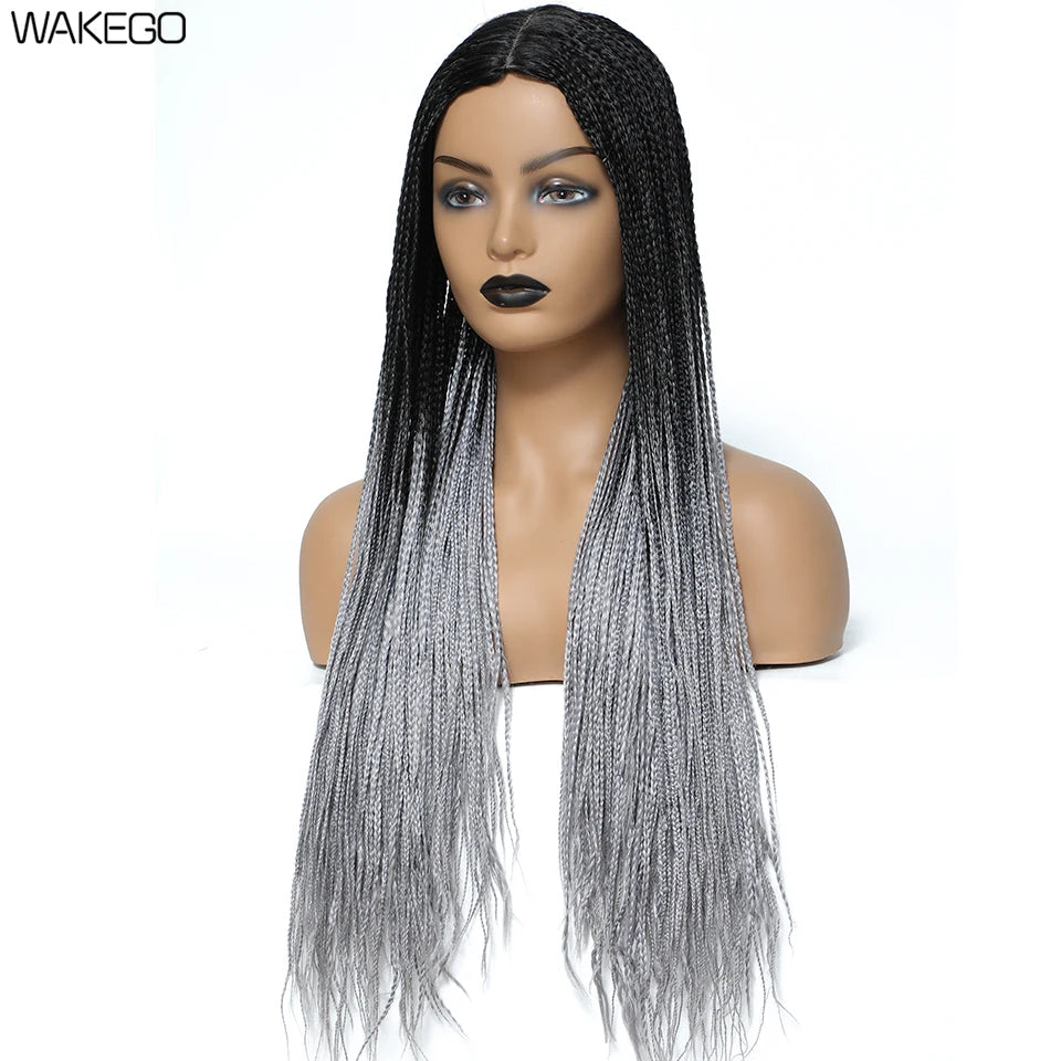 Wakego 26 Inch Ombre Box Braided Wigs For Black Women Braided Wig Fake Scalp Heat Resistant Braiding Hair Wig Peruca Sintetica