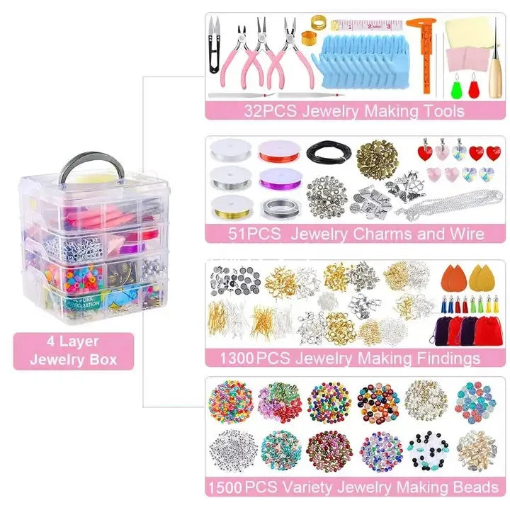 4-layer 2880Pcs Beads Charms Findings Beading Wire Kit for DIY Bracelets Necklace Earrings Jewelry Making