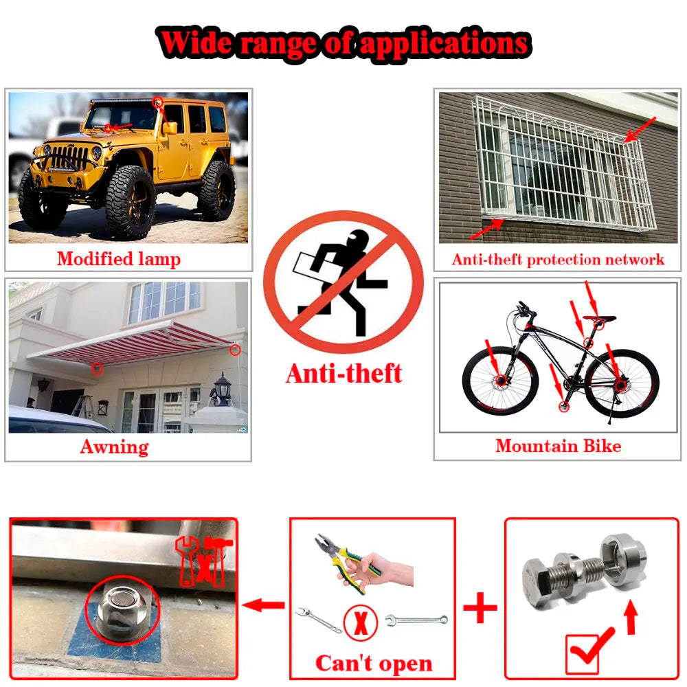 Security protection Anti Theft Nuts M6 M8 M10 M12 Nuts 304Stainless Steel Mountain Bike Awning Car Accessories LED Light