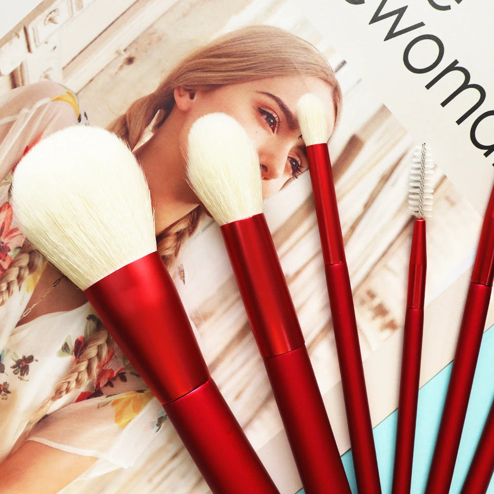 High Quality 6Pcs Natural Goat Hair Makeup Brush Set With Pouch & Air Puff Red Beauty Blending Powder Brush Eye Brush Kits