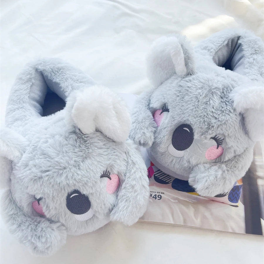 Cartoon Slippers Cute Koala Shape Home Cotton Shoes Woman Girl Warm Winter Indoor Shoes Flat Casual  Floor Non-slip Pink Grey
