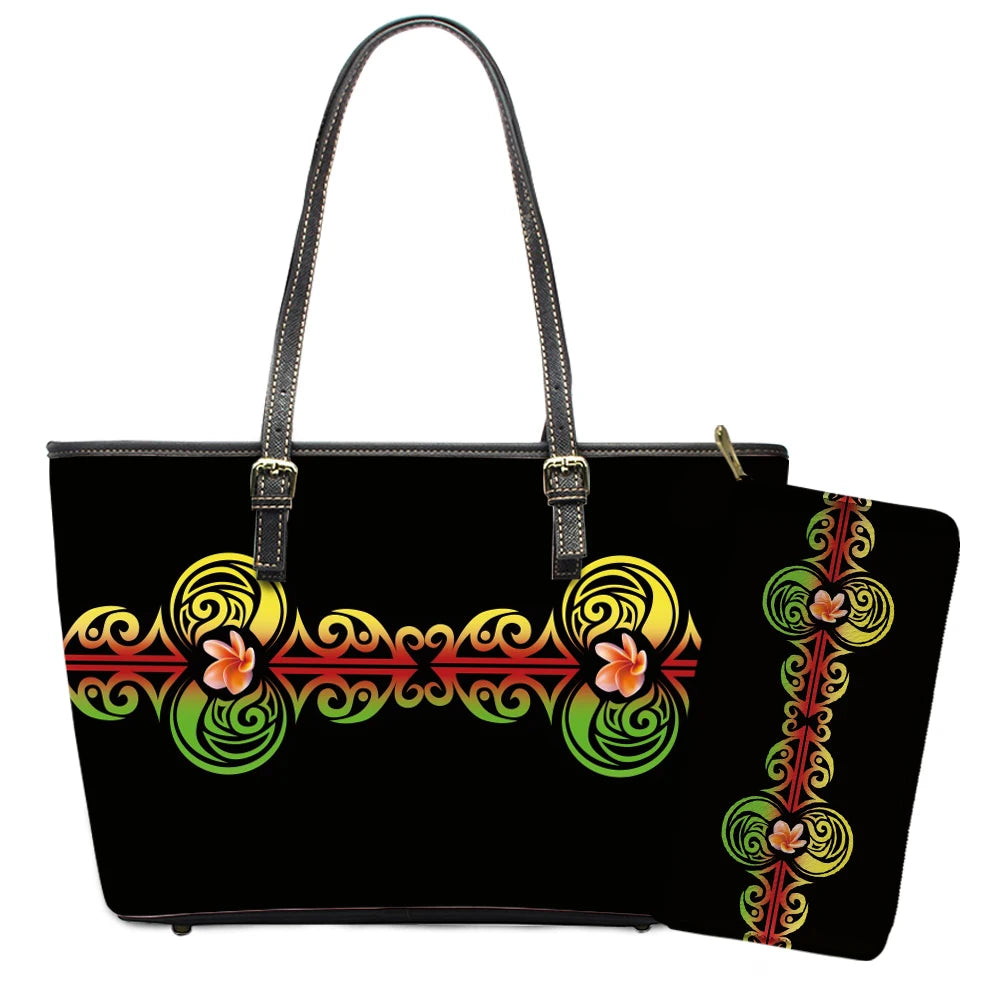 Elegant Polynesian Tribal Hawaii Tropical Leather Purses with Zipper Wallet Luxury Ladies Tote Bag Custom Women's Shoulder Bag