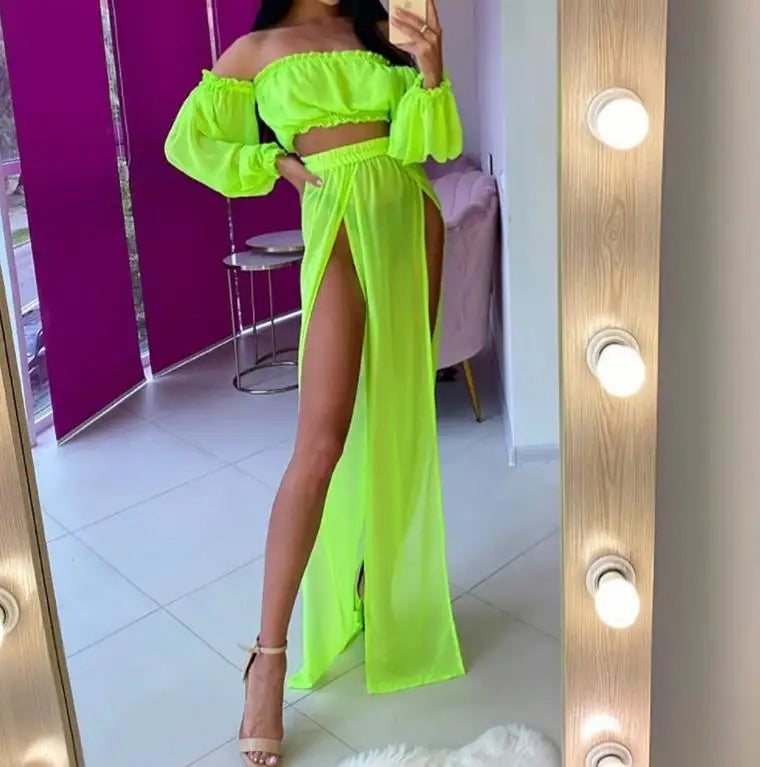 Women Summer Fashion Clothing Set Long Sleeve Off Shoulder Tops and Cover Up Skirt Two-piece Suit for Beach Vacation Travelling