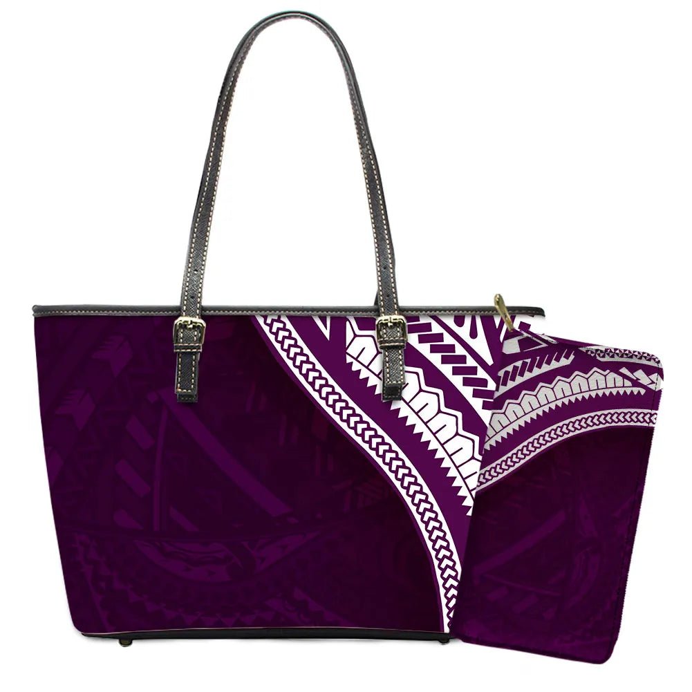 Elegant Polynesian Tribal Hawaii Tropical Leather Purses with Zipper Wallet Luxury Ladies Tote Bag Custom Women's Shoulder Bag