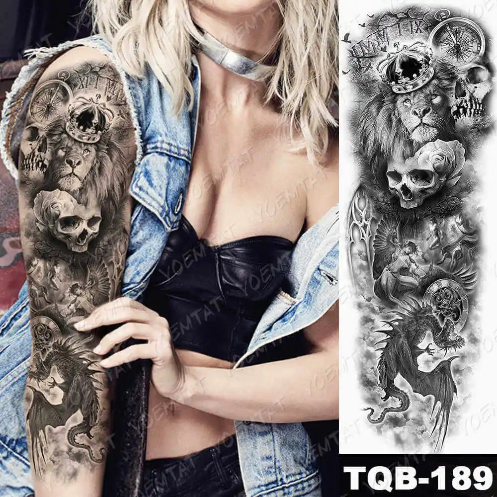 Large Arm Sleeve Tattoo Forest Angel Wolf Lion Waterproof Temporary Tatto Sticker Crown Skull Body Art Full Fake Tatoo Women Men