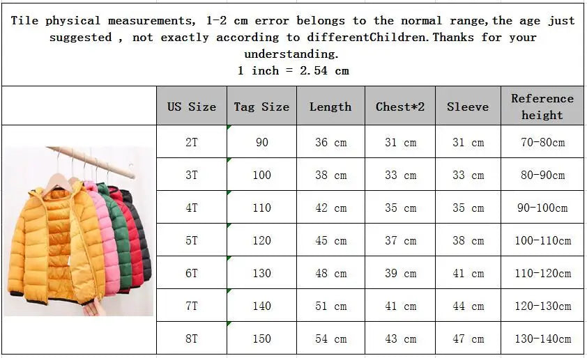 Girls Light Down Cotton Jacket Baby Boys Snowsuit Jackets Autumn Children Clothing 2-8 Years Fashion Kids Hooded Outerwear Coats