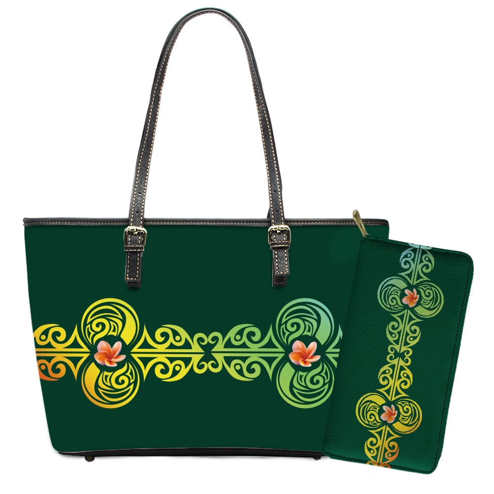 Elegant Polynesian Tribal Hawaii Tropical Leather Purses with Zipper Wallet Luxury Ladies Tote Bag Custom Women's Shoulder Bag