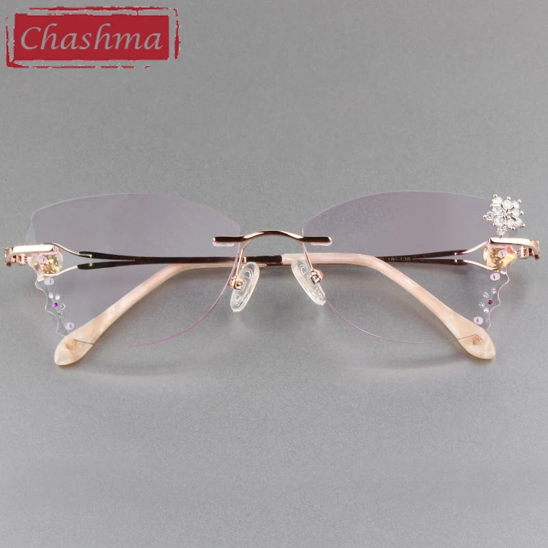 Butterfly Female Eye Glasses Titanium Gray Red Lens Diamond Trimmed Rimless Spectacle Frames Women Sunglasses Tint Lenses