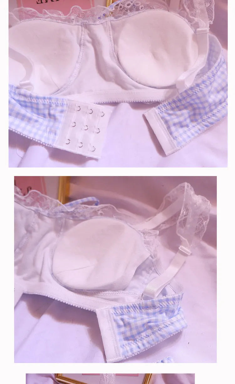 Girl Sweet Cute Wire Free Comfortable Bra Set Animie Lolita Women Underwear Suit Sexy Lace Plaid Kawaii Bra and Panty Set