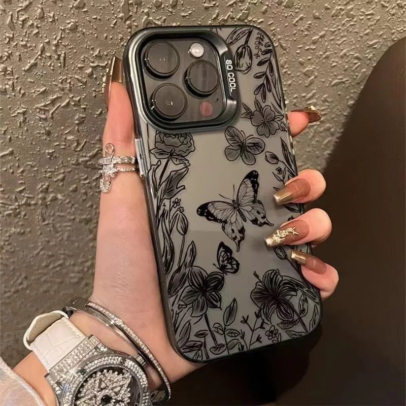 Trending Products Flower Butterfly Phone case for iPhone 15 Pro Max 14 13 12 11 XS XR Simplicity Plating Mirror Frame Cover