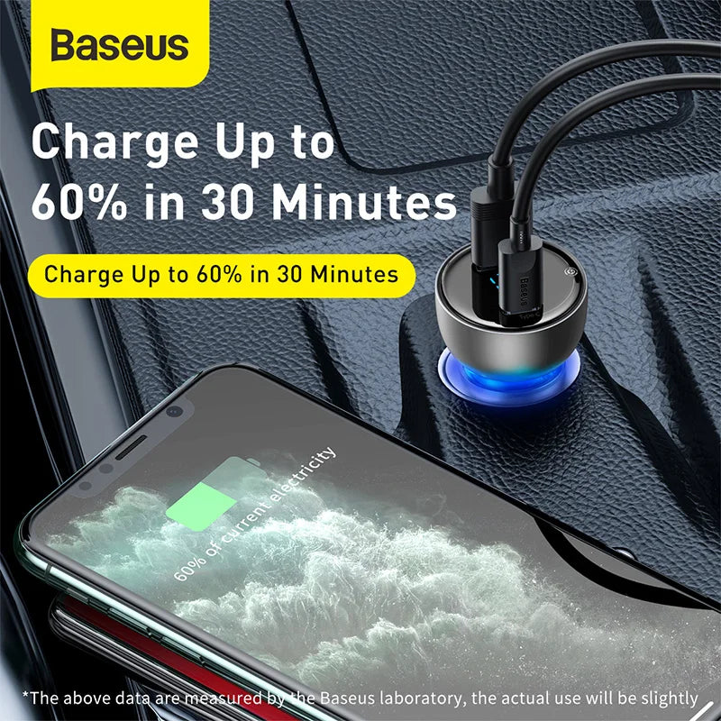 Baseus USB C Car Charger 65W Fast Charging Quick Charger 4.0 QC PD 3.0 Type C Car Charger For iPhone 14 Pro Xiaomi POCO MacBook