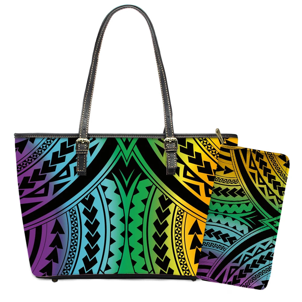 Elegant Polynesian Tribal Hawaii Tropical Leather Purses with Zipper Wallet Luxury Ladies Tote Bag Custom Women's Shoulder Bag